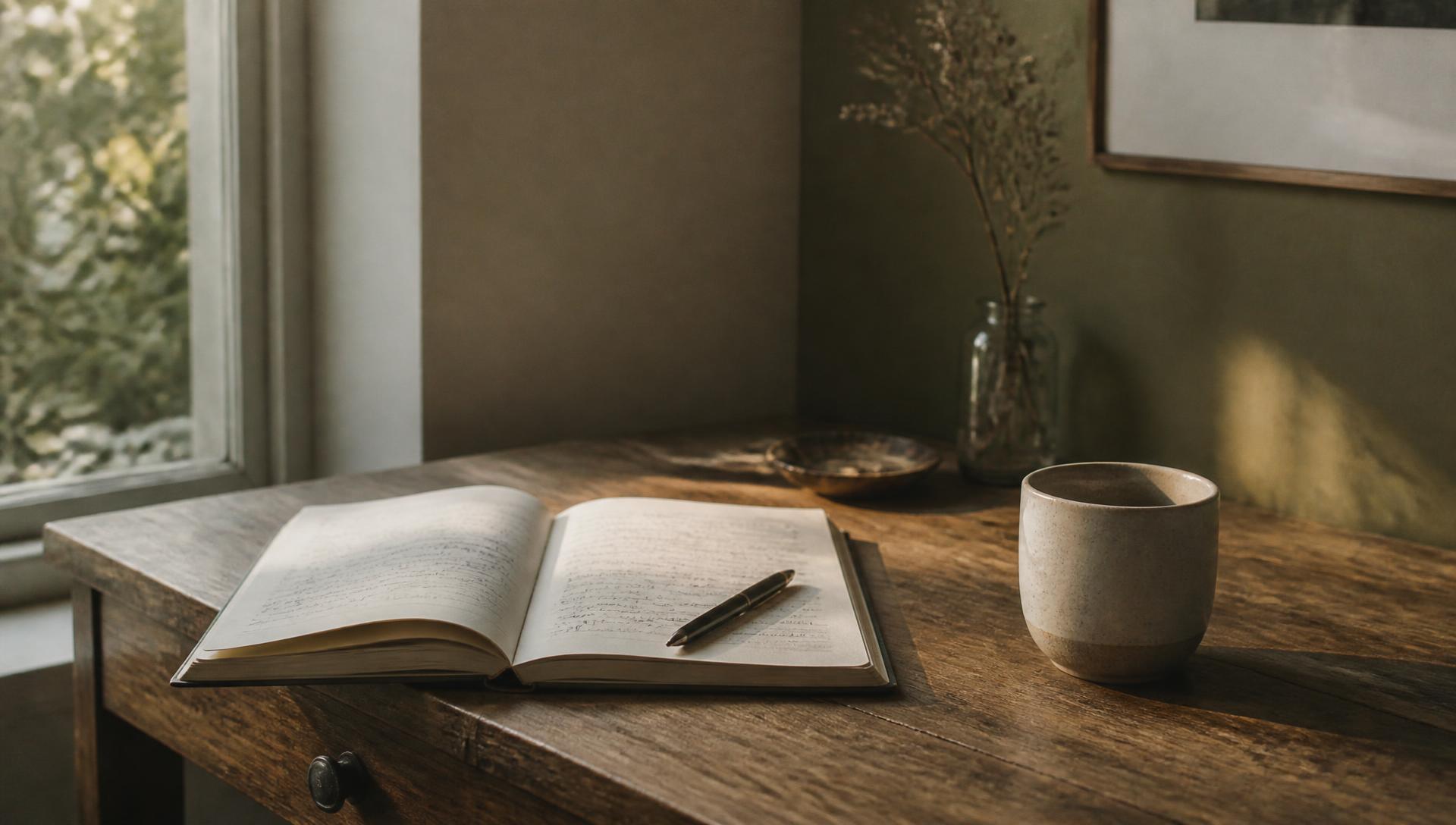 Cuaderno abierto junto a una ventana